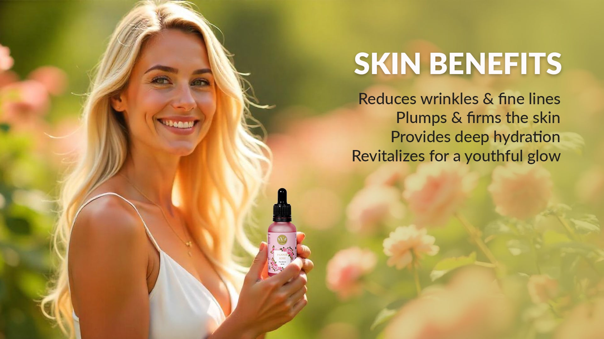 Woman holding a skincare product with text about skin benefits in a garden setting