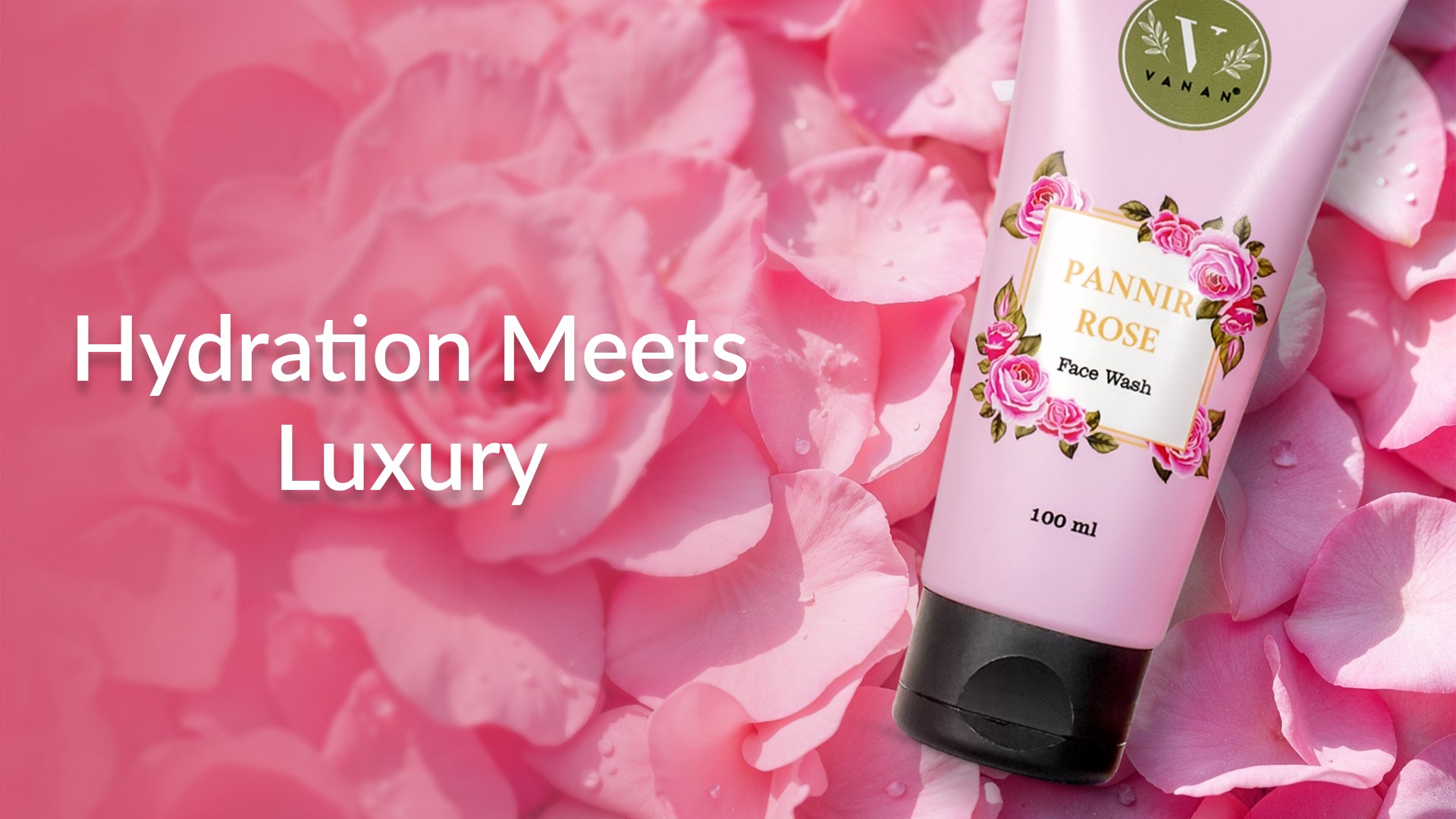 Panna Rose skincare product on pink floral background with 'Hydration Meets Luxury' text