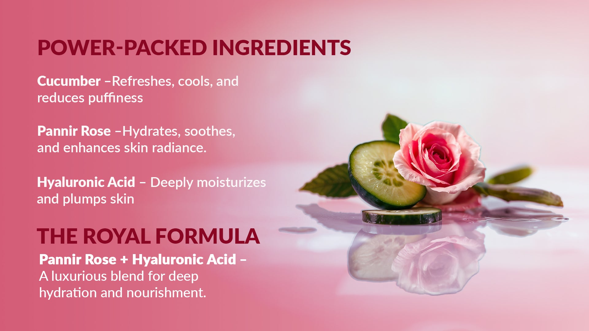 Product advertisement with cucumber, rose, and hyaluronic acid on a pink background