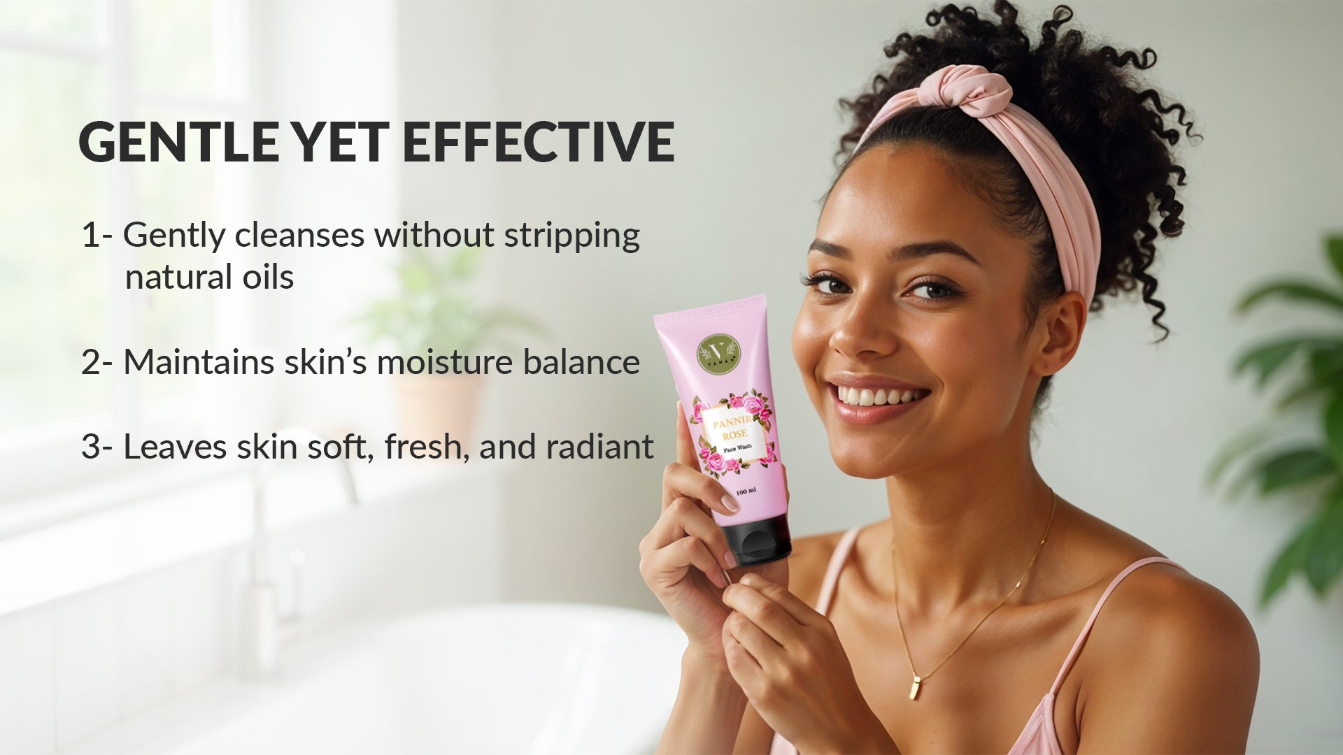Woman holding a pink skincare product with text about gentle yet effective skincare.