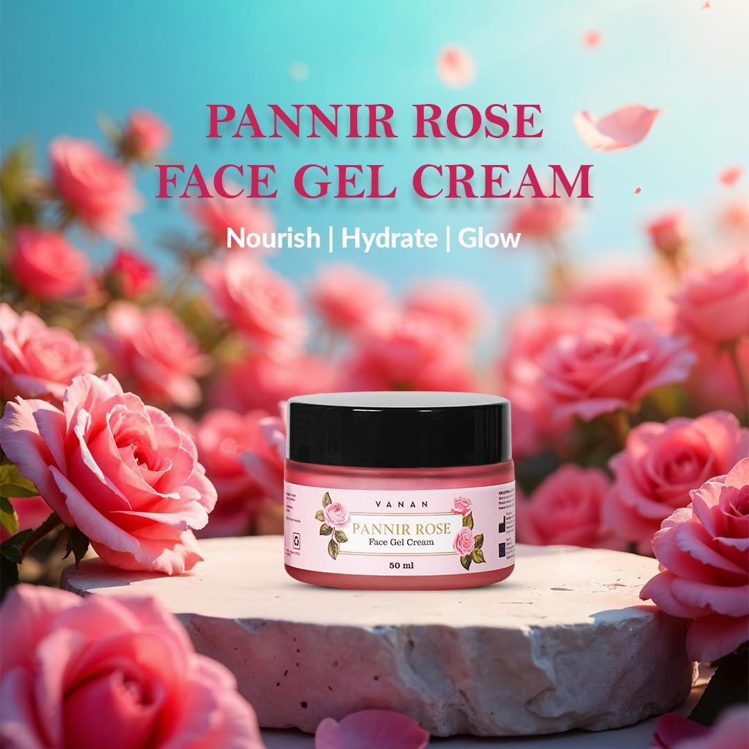 Pannir Rose Face Gel Cream jar with pink roses in the background