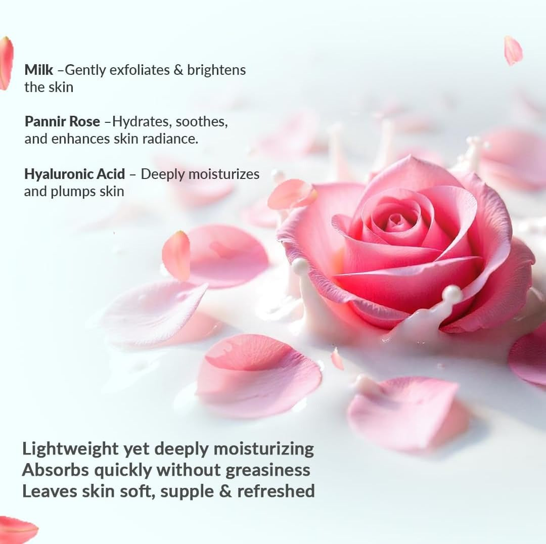 Pink rose with milk and petals on a light background, featuring skincare benefits.
