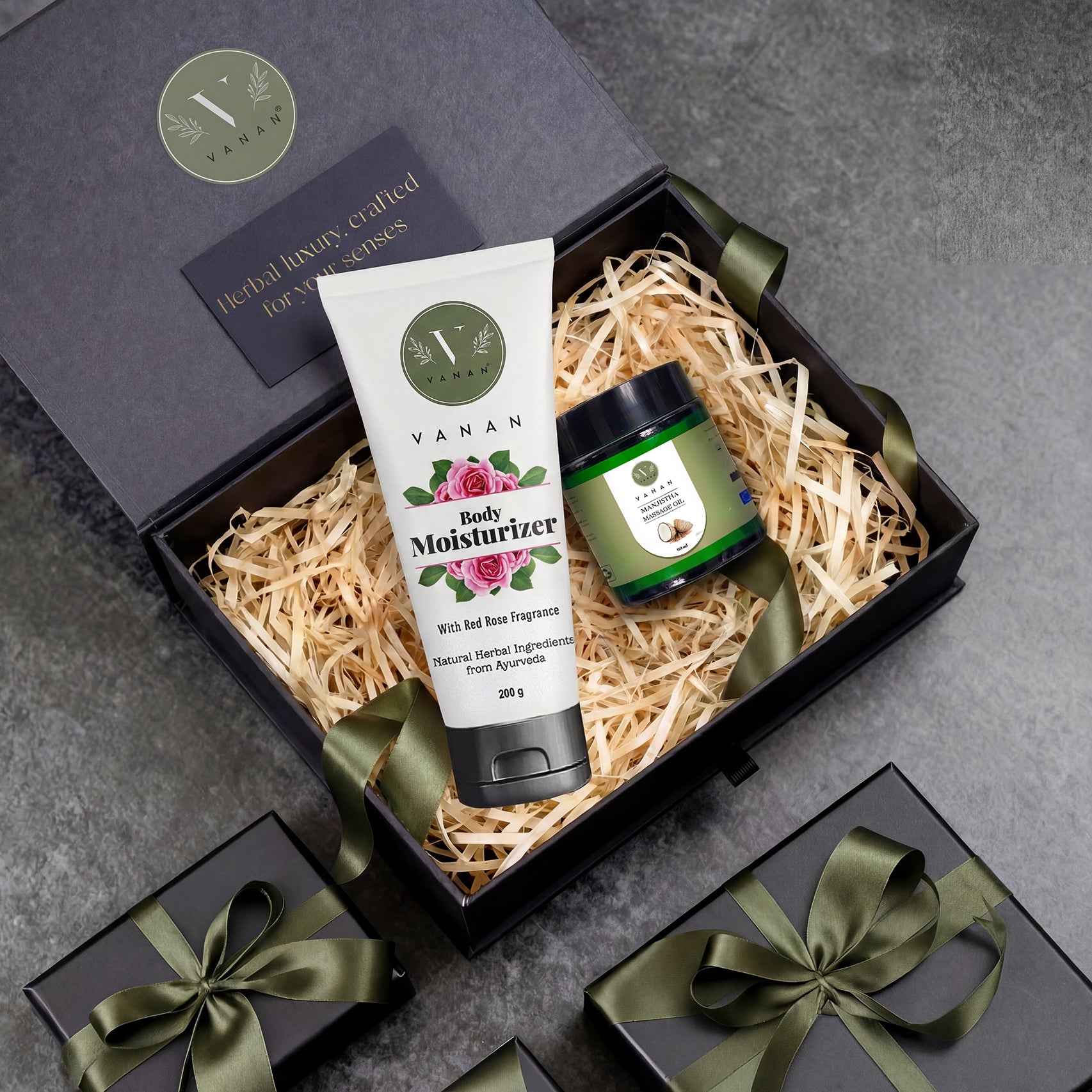 Gift set with Vanan body moisturizer and jar on a gray surface