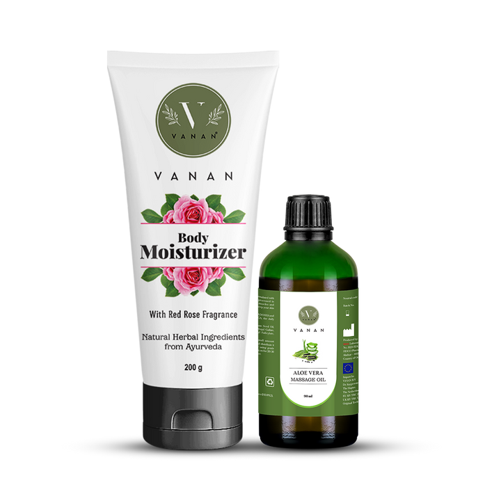 Vanan Body Moisturizer tube and Aloe Vera Massage Oil bottle on a white background