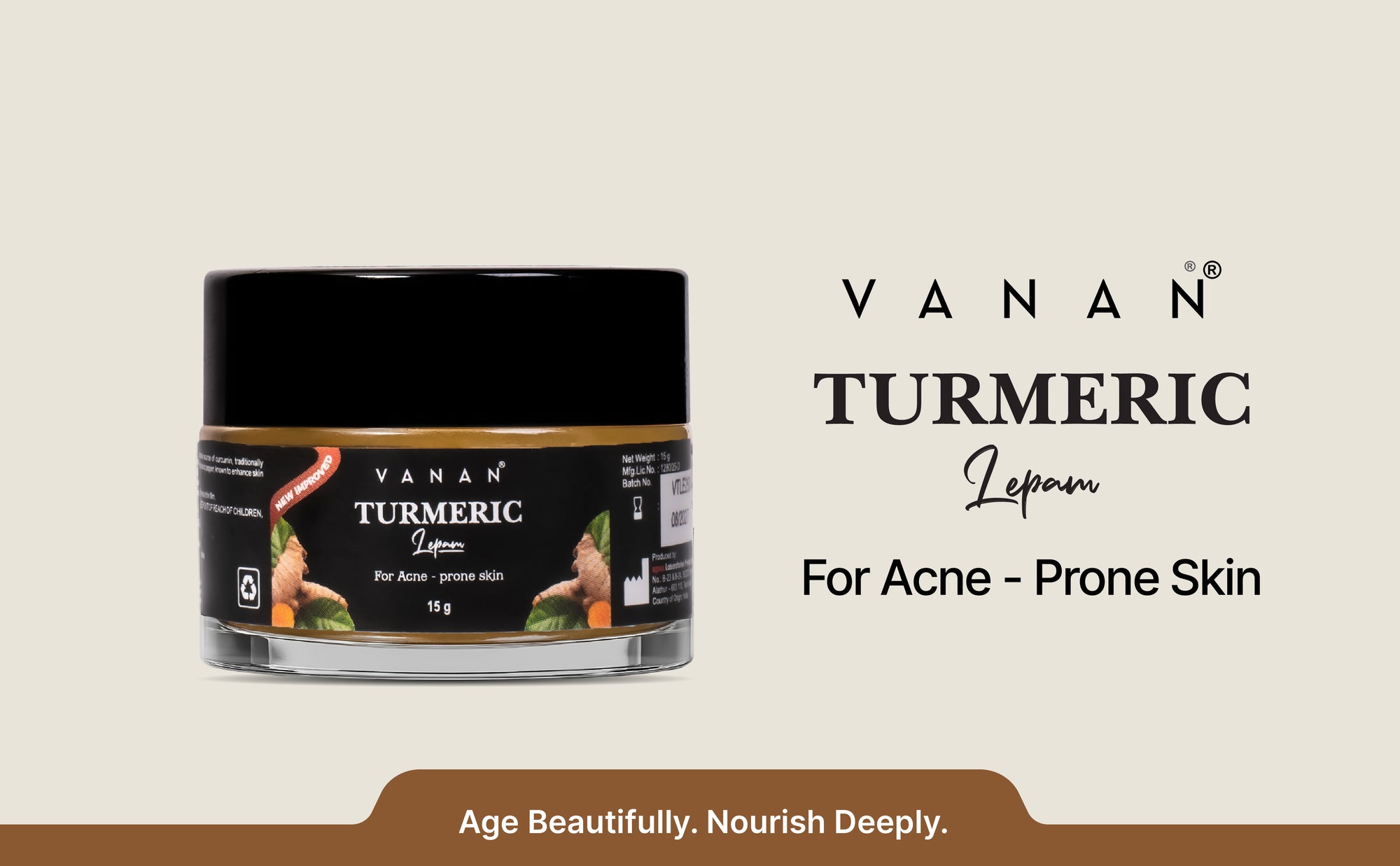 Vanan Turmeric Lepam jar with branding and product description on a beige background