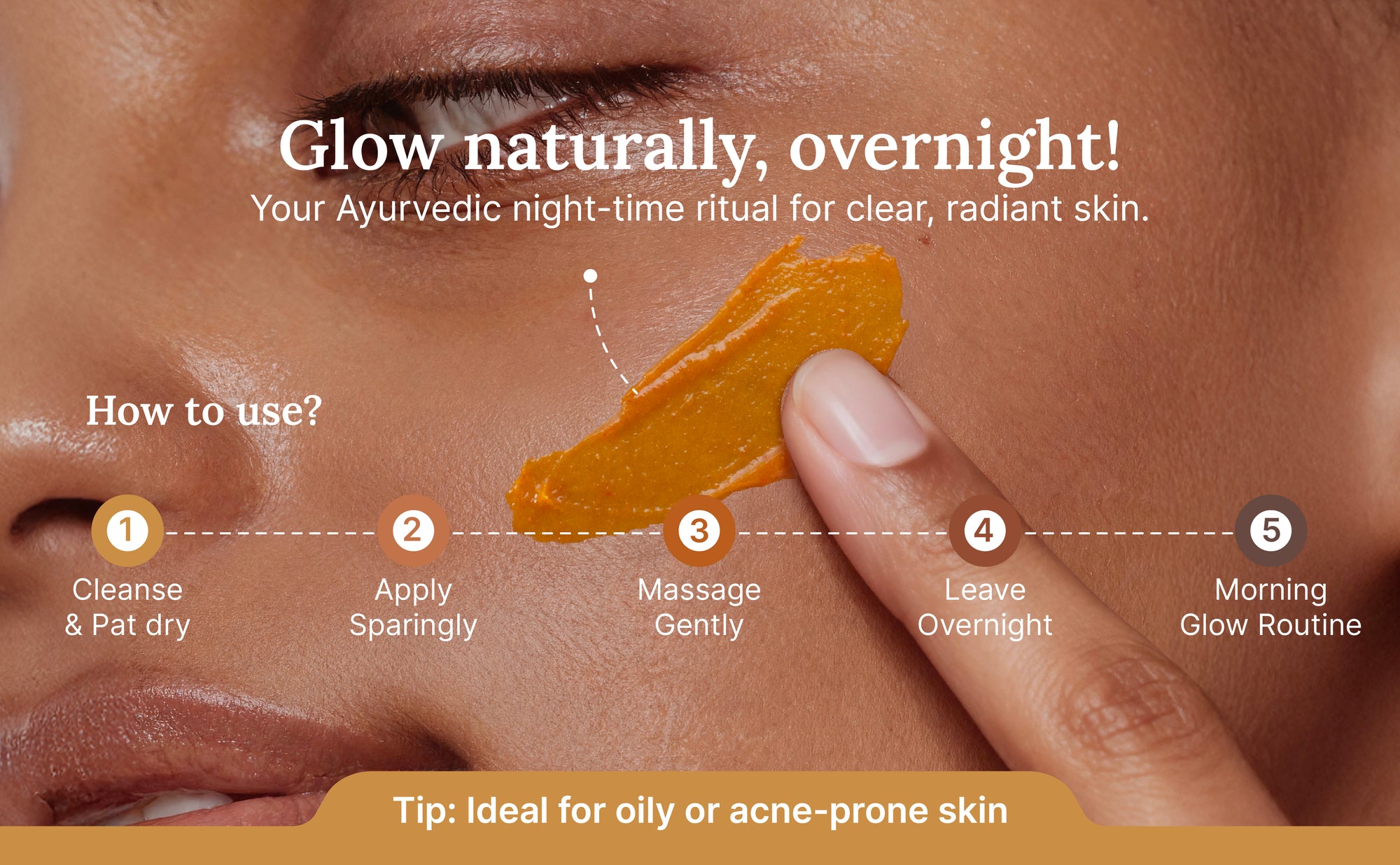 Cosmetic product application guide for clear, radiant skin with text and steps.