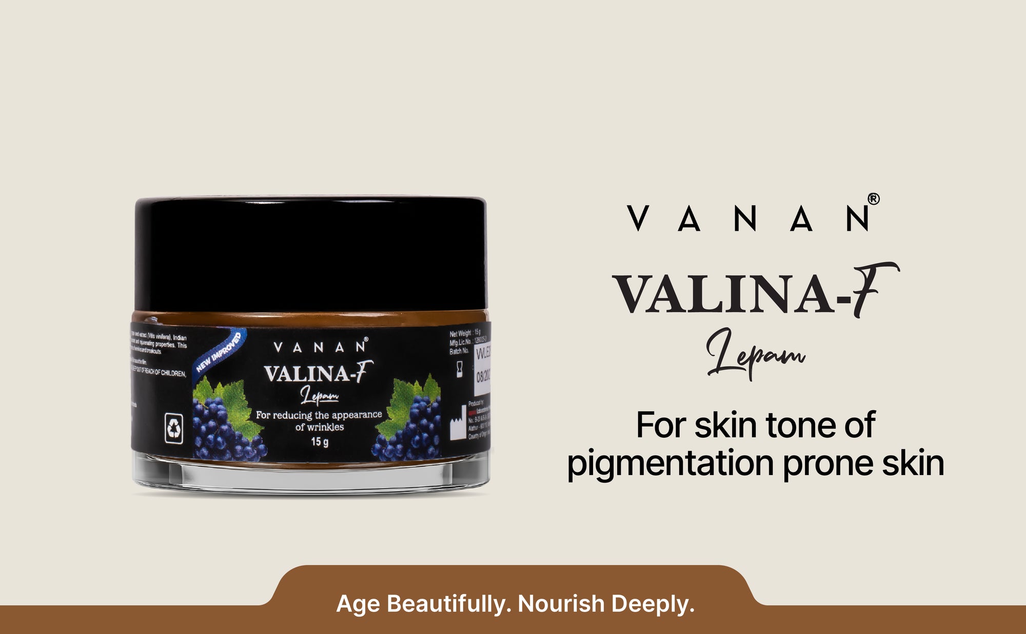 Jar of Vanan Valina-F Lepam cream on a beige background