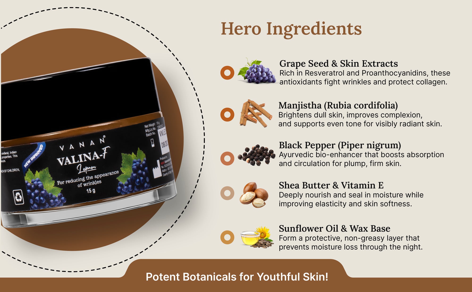 Product packaging with hero ingredients listed on a white background