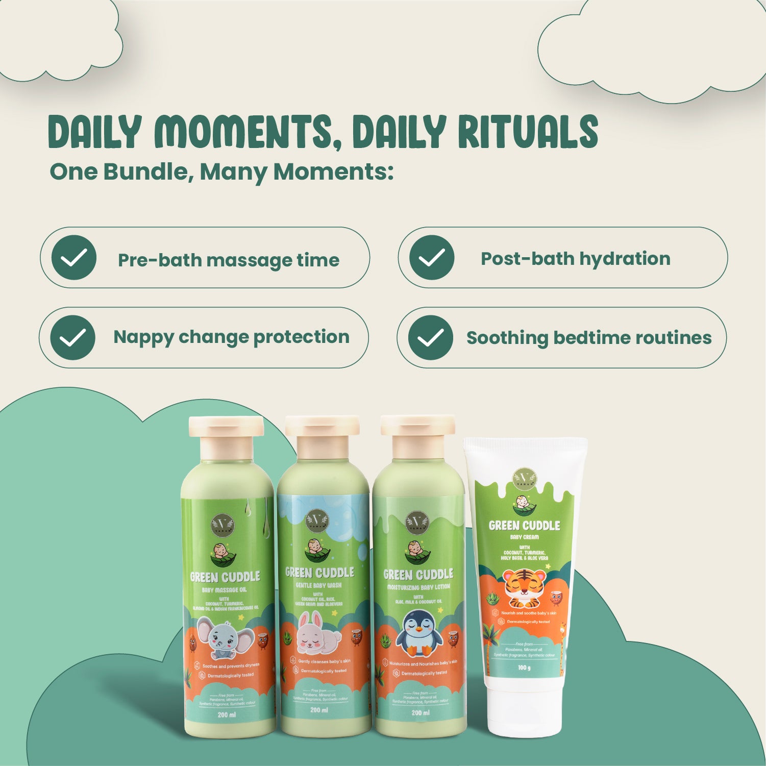 Set of baby care products with bottles and a tube on a green background with cloud designs.