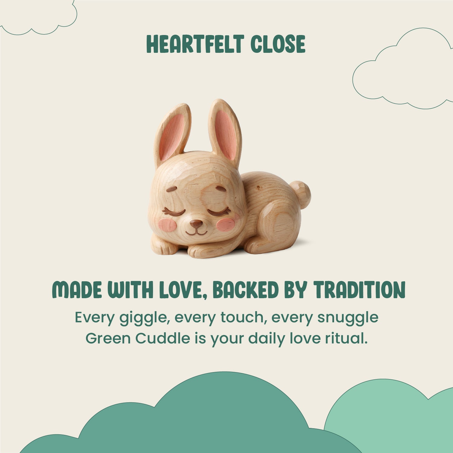 Wooden rabbit figurine with text about love, tradition, and daily love ritual on a light background.
