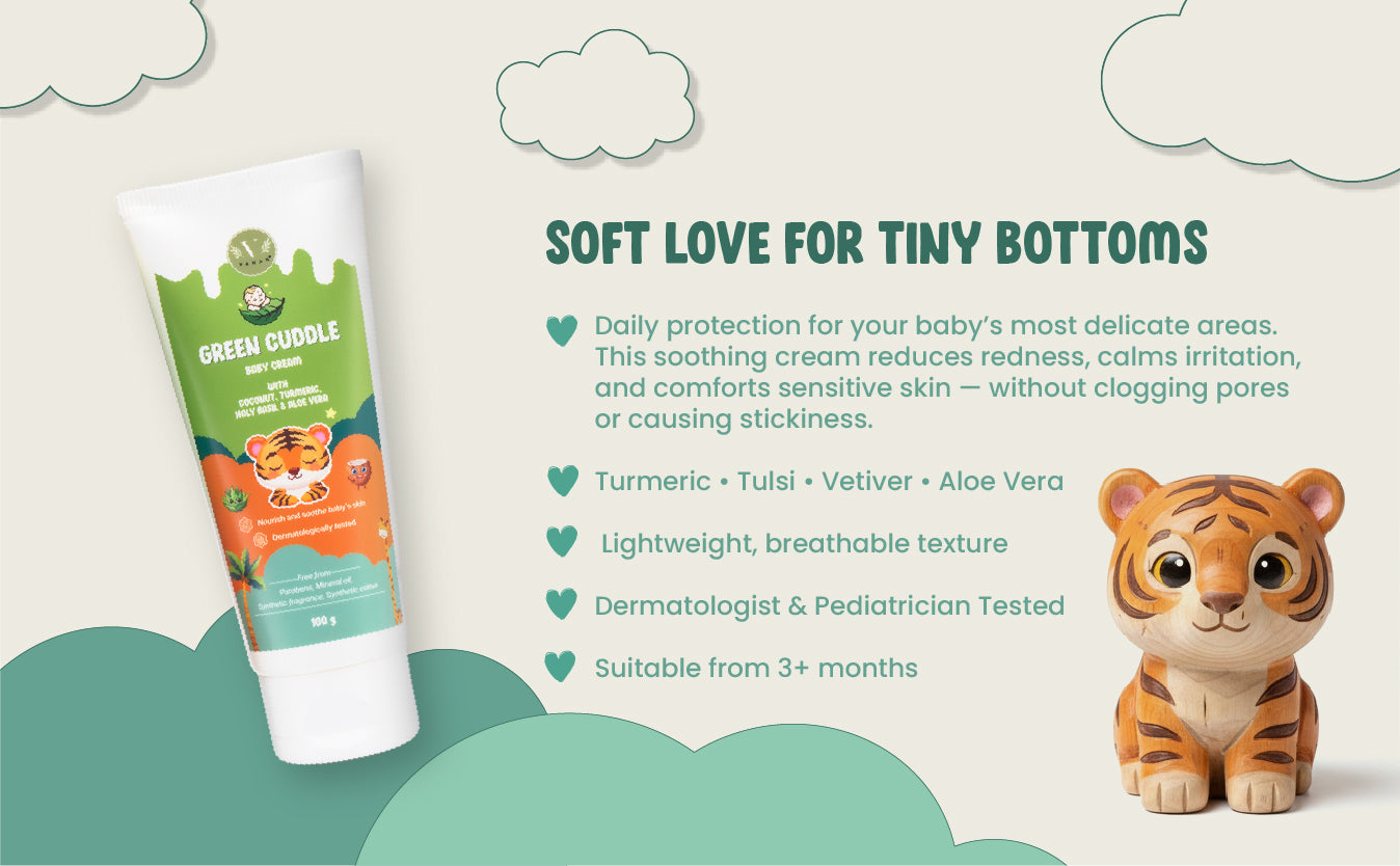 Baby care product with tiger-themed packaging and a tiger figurine on a light background