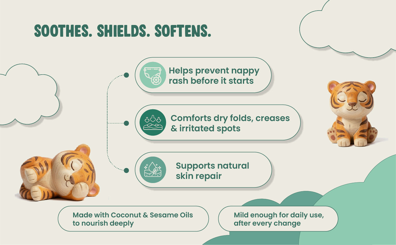 Product advertisement with tiger-themed figures and text about skin care benefits on a light background.