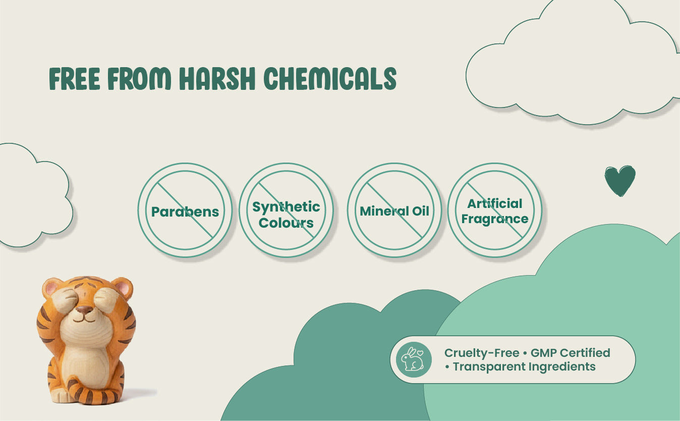 Product packaging with a lion design, labeled as free from harsh chemicals on a green background.