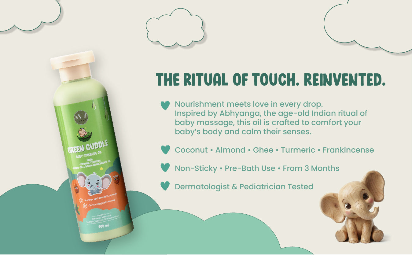 Baby lotion bottle with product details on a cloud-themed background