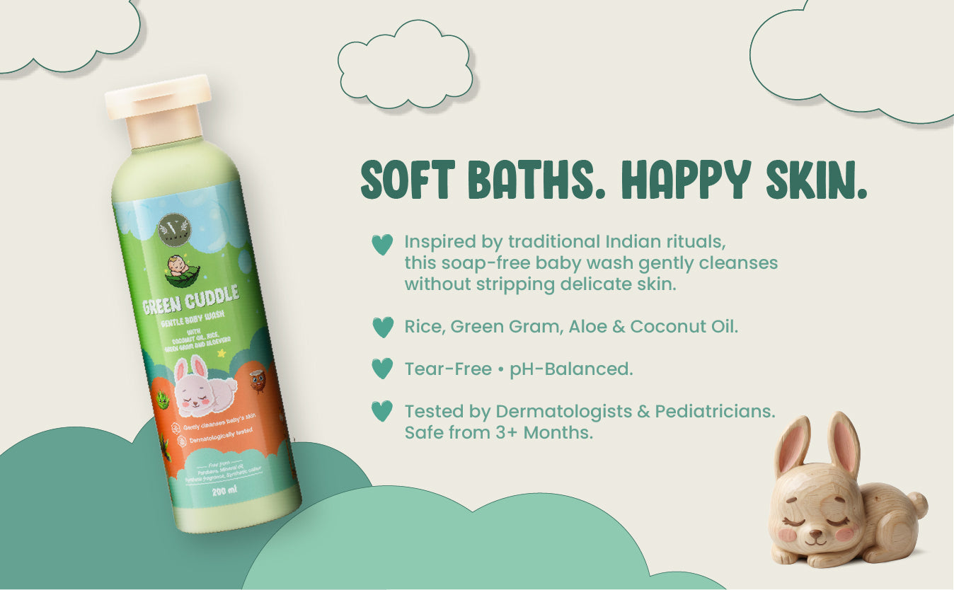 Baby wash bottle with green label on a light gray background with cloud graphics and a rabbit figurine.