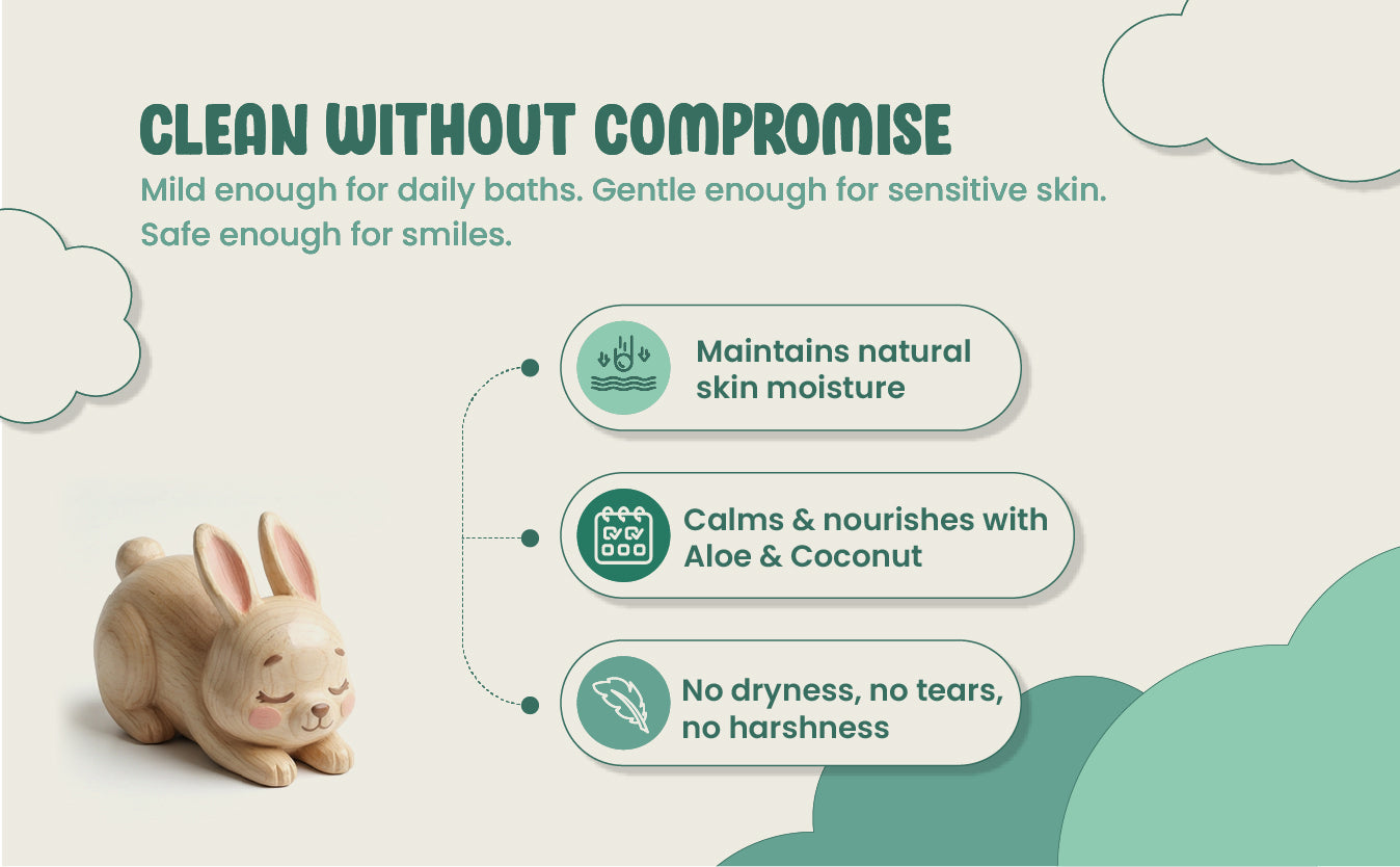 Product advertisement with a rabbit figure and text about gentle skin care for daily use.