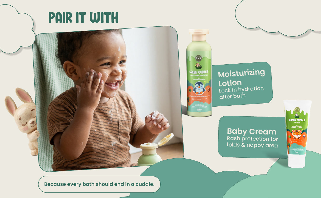 Child applying lotion with baby products displayed on a white background