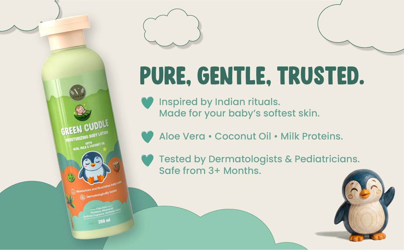 Baby lotion bottle with penguin design on a light gray background with cloud graphics.