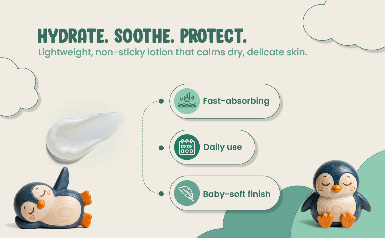Product advertisement for a lotion with penguin illustrations and text about its benefits on a light gray background.