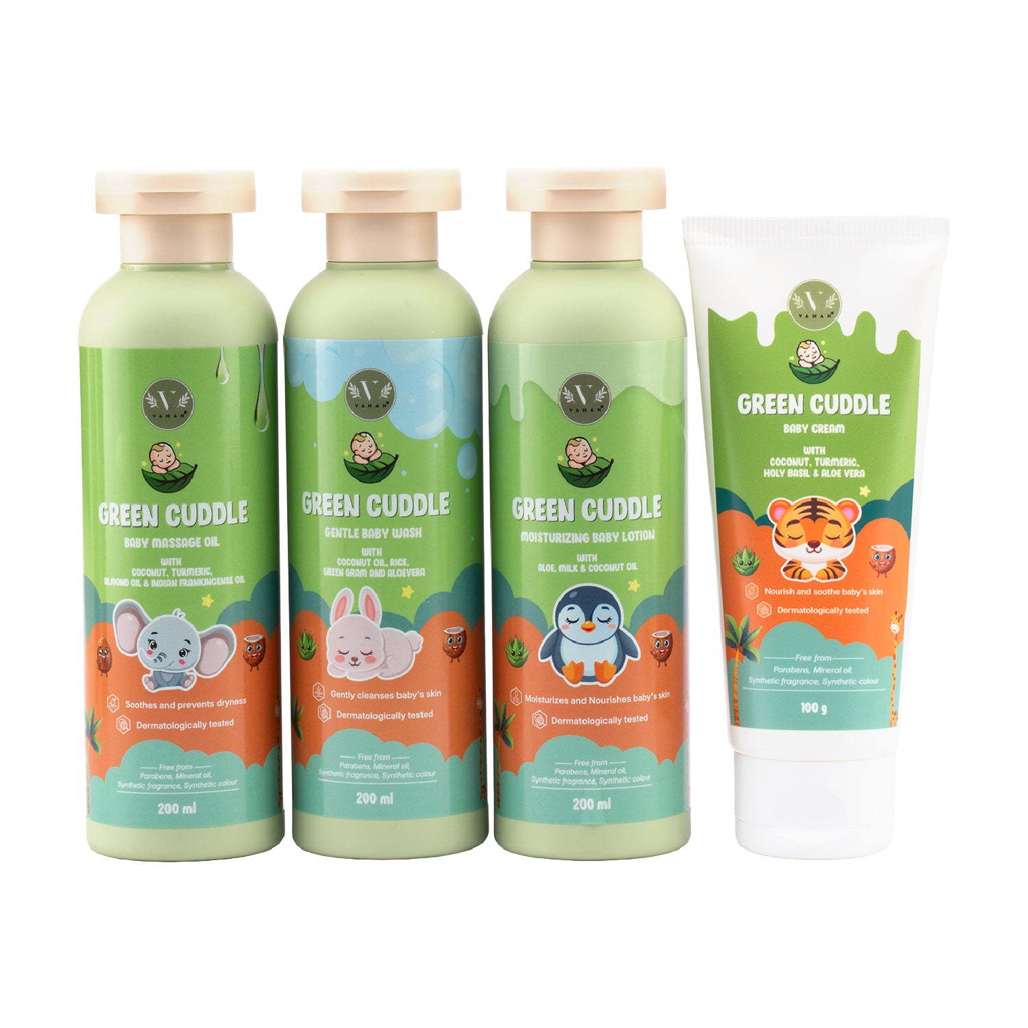 Four bottles and a tube of 'Green Cuddle' baby products on a white background
