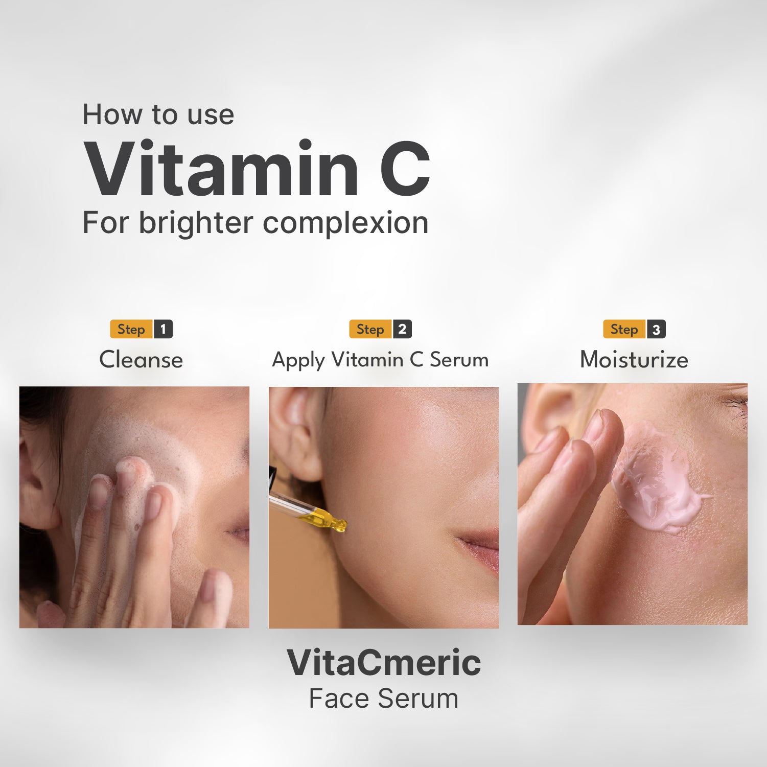 VitaCmeric face serum usage guide with steps for a brighter complexion.