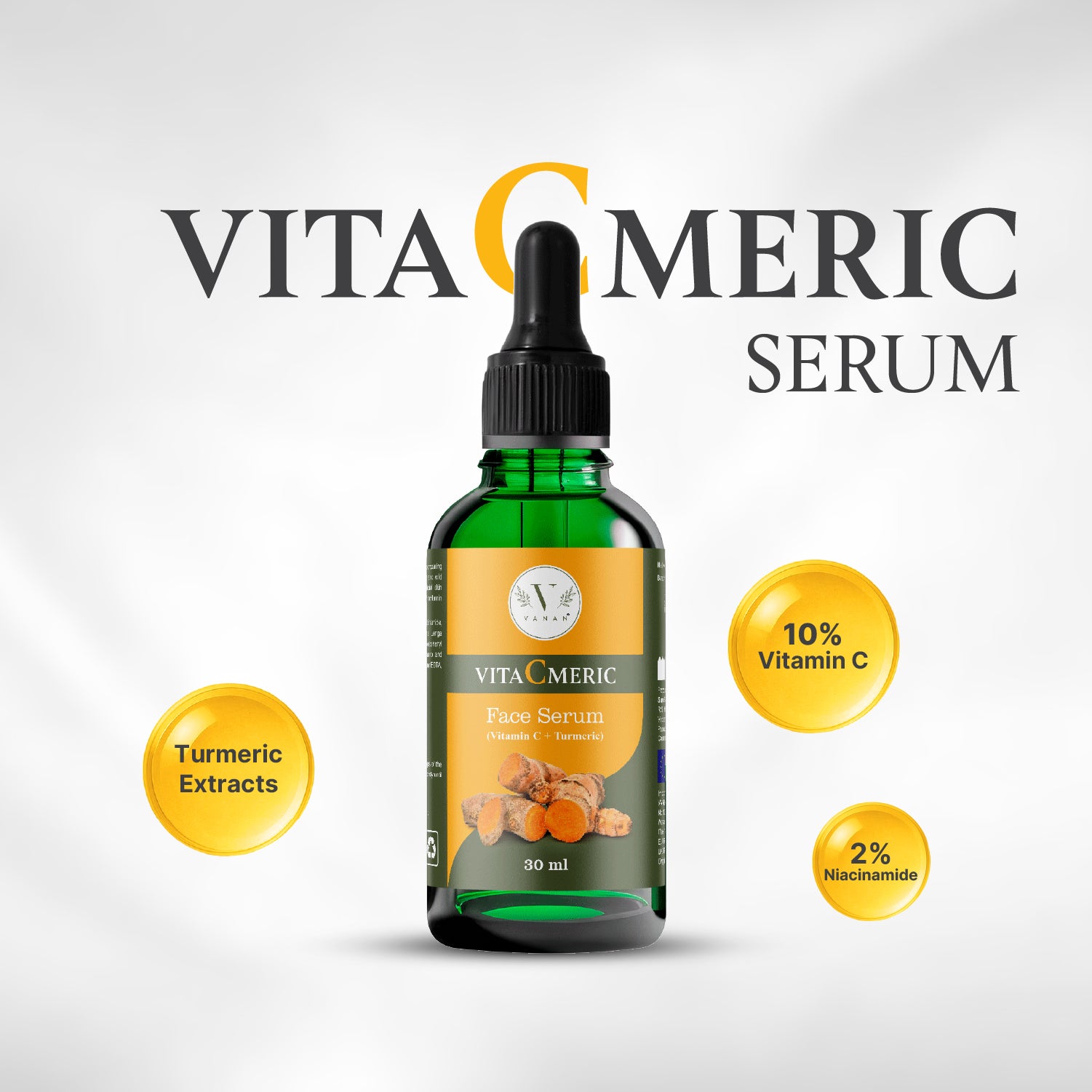 VitaCeric serum bottle with ingredients displayed on a light gray background