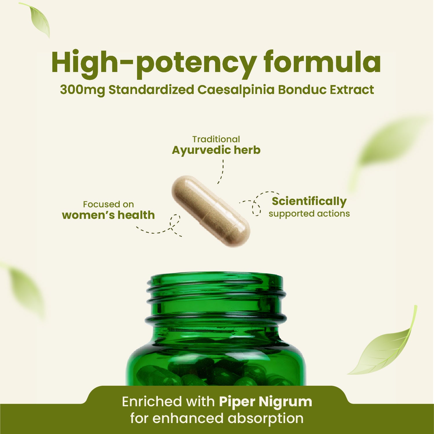 Green bottle of pills with a capsule and text about high-potency formula and women's health.