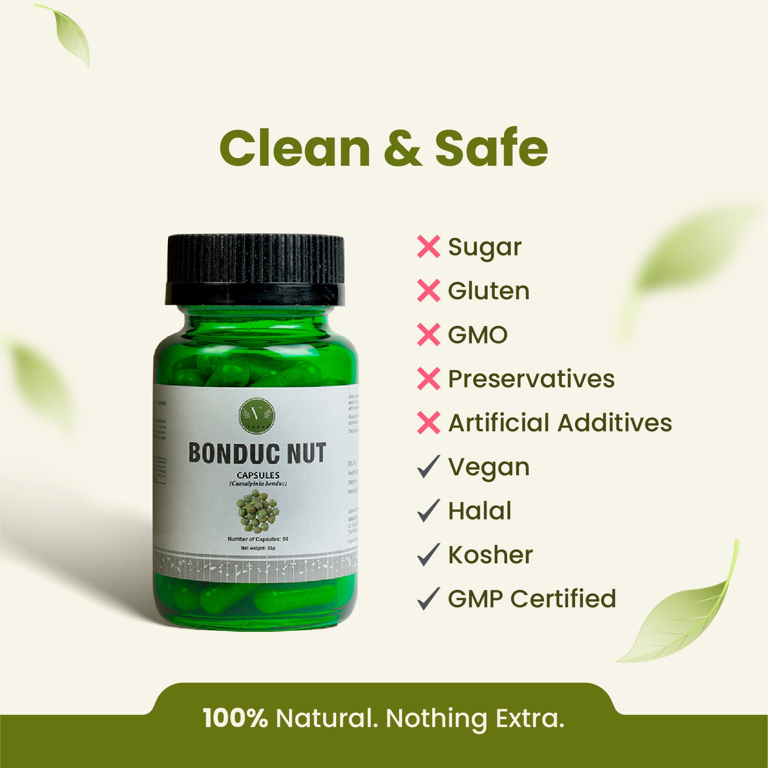 Green supplement bottle with 'Bonduc Nut' label on a white background with green leaves.