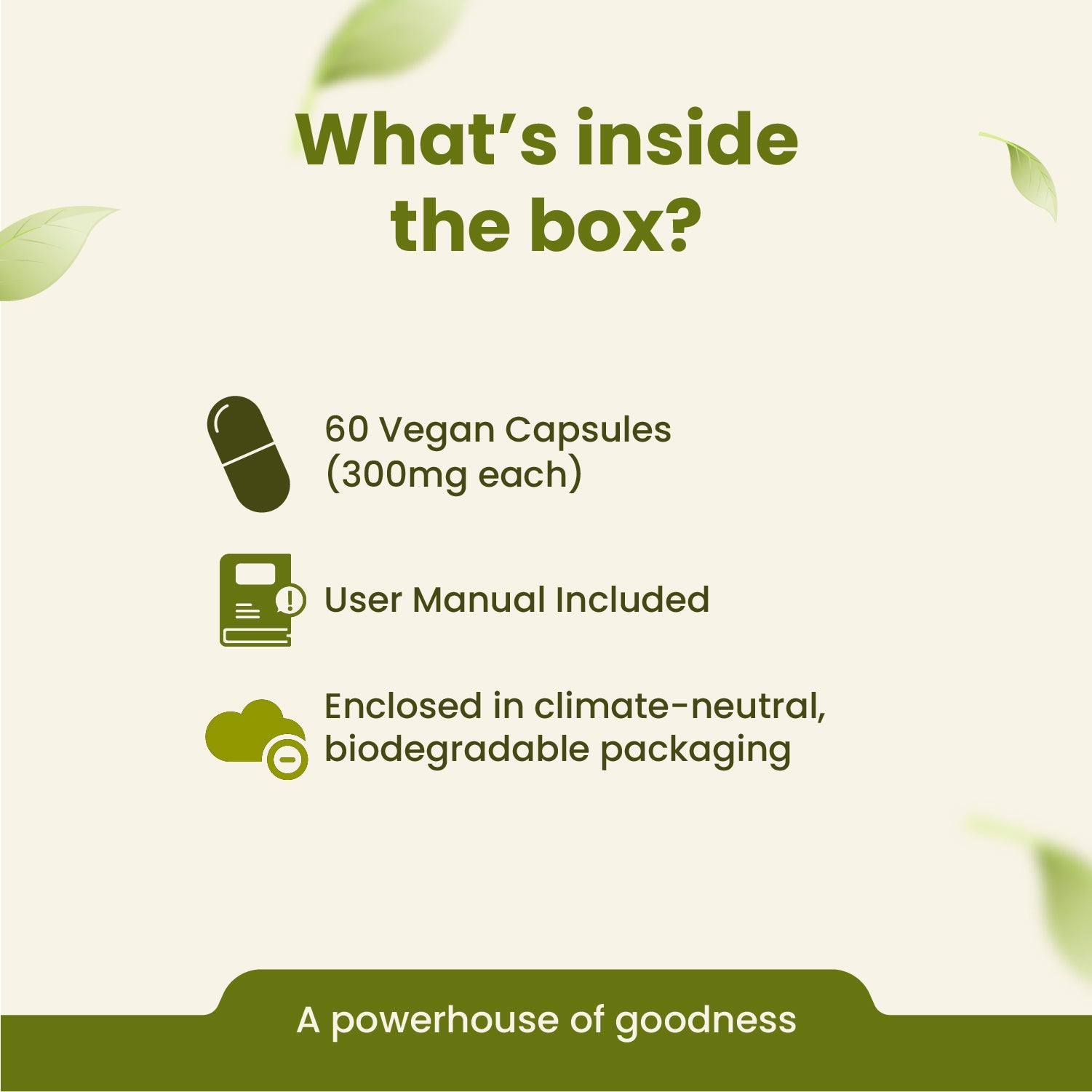 Product packaging details with vegan capsules, user manual, and biodegradable packaging on a green background.