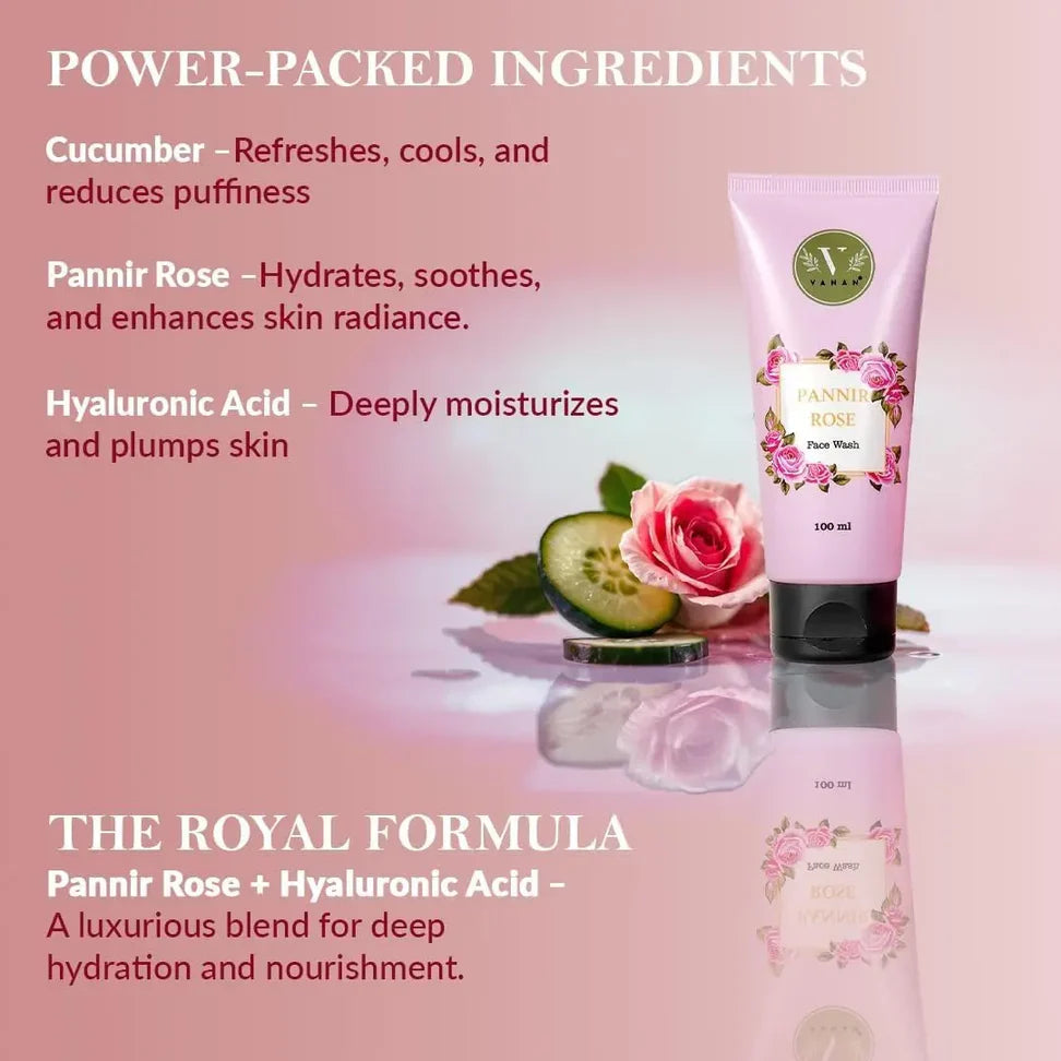Pannir Rose Face Wash | Gentle Hydrating & Brightening Cleanser | Vanan Herbal 