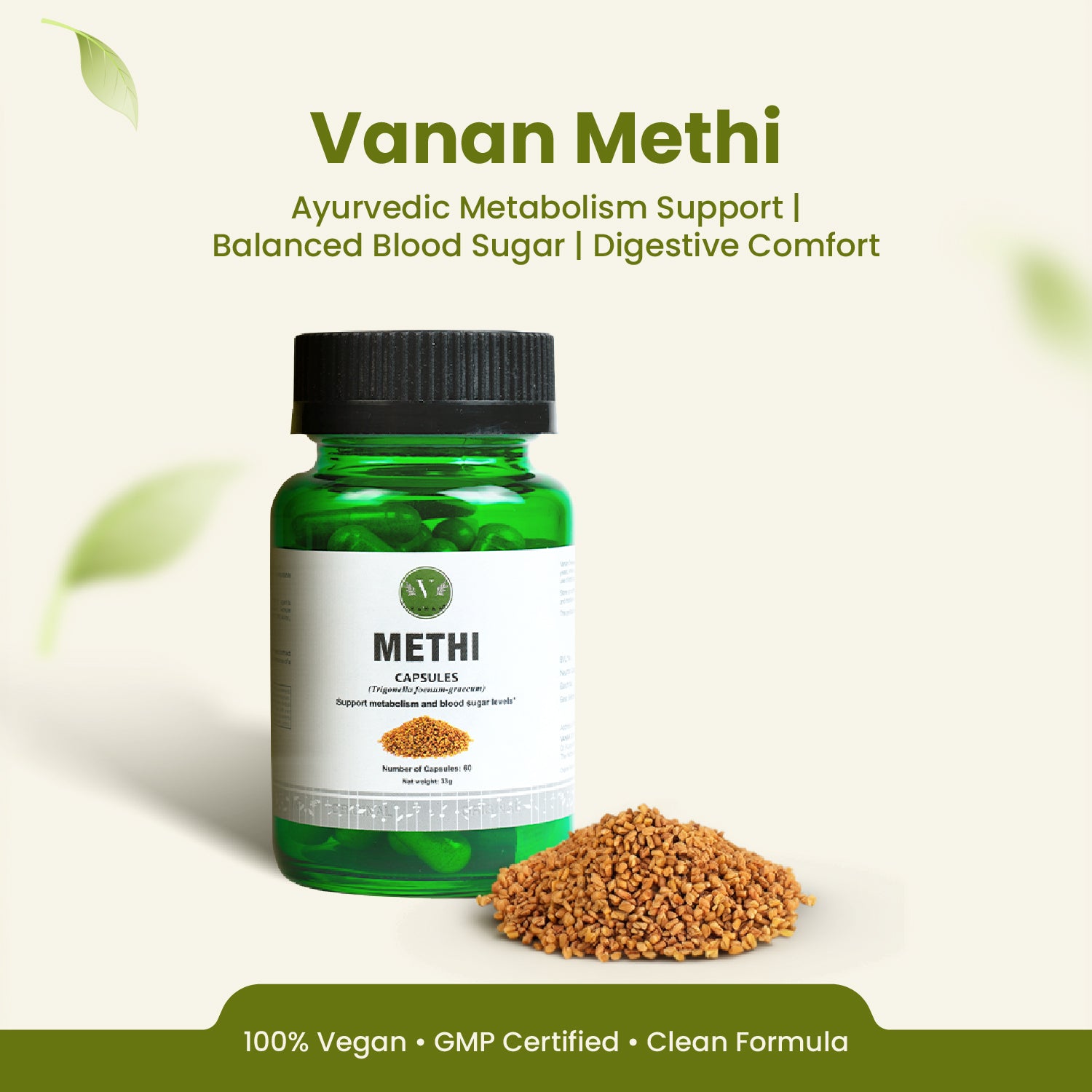 Vanan Methi Ayurvedic supplement bottle with green leaves and brown powder on a light background