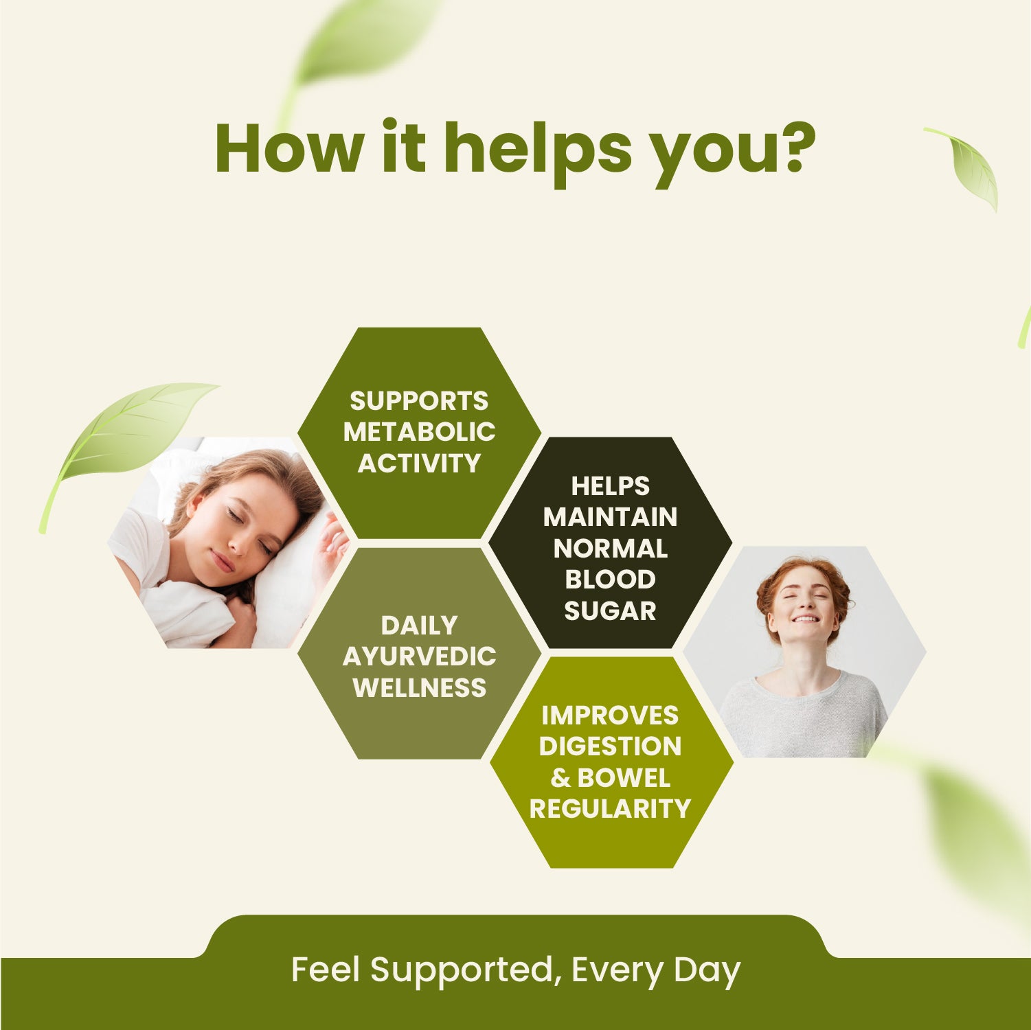 Health benefits of a product or service with images of people and text on a light green background.