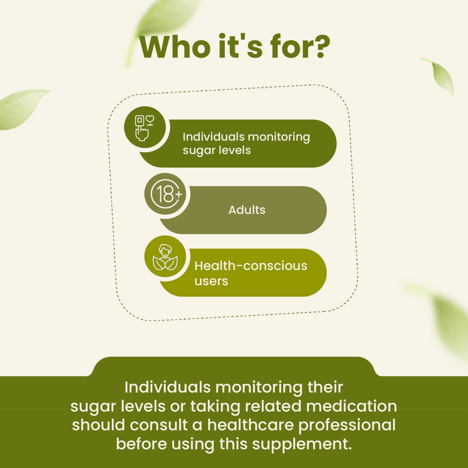 Text on a green background indicating who the product is for, with a focus on individuals monitoring sugar levels, adults, and health-conscious users.