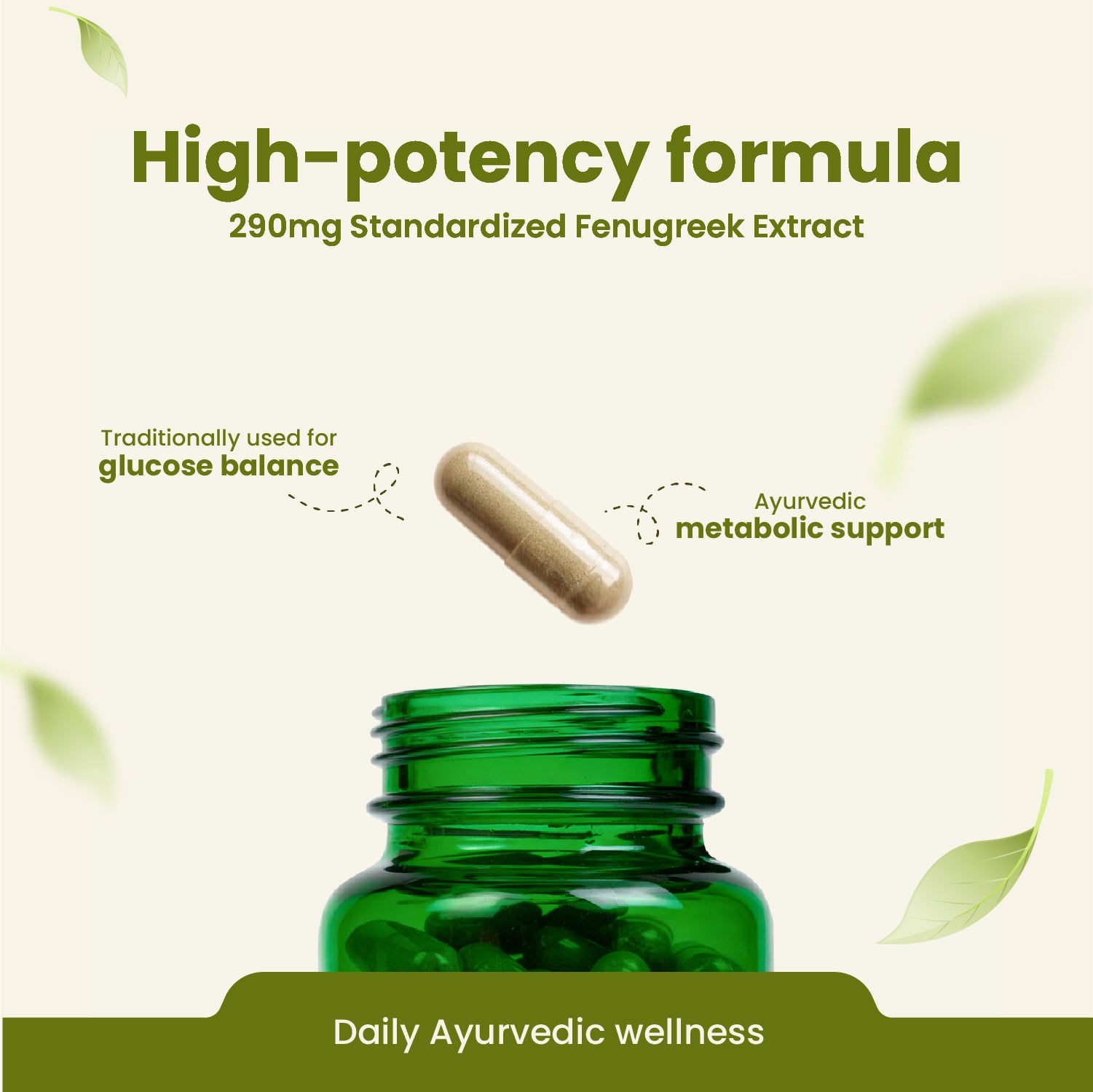 Green bottle of fenugreek extract with a capsule on a light green background