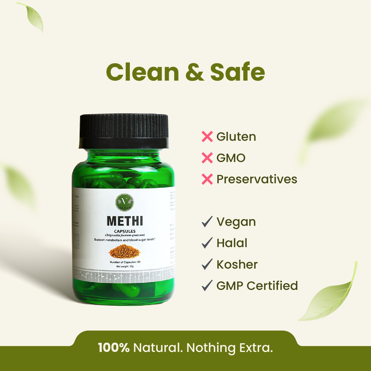Green bottle of Methi capsules with certification labels on a light green background