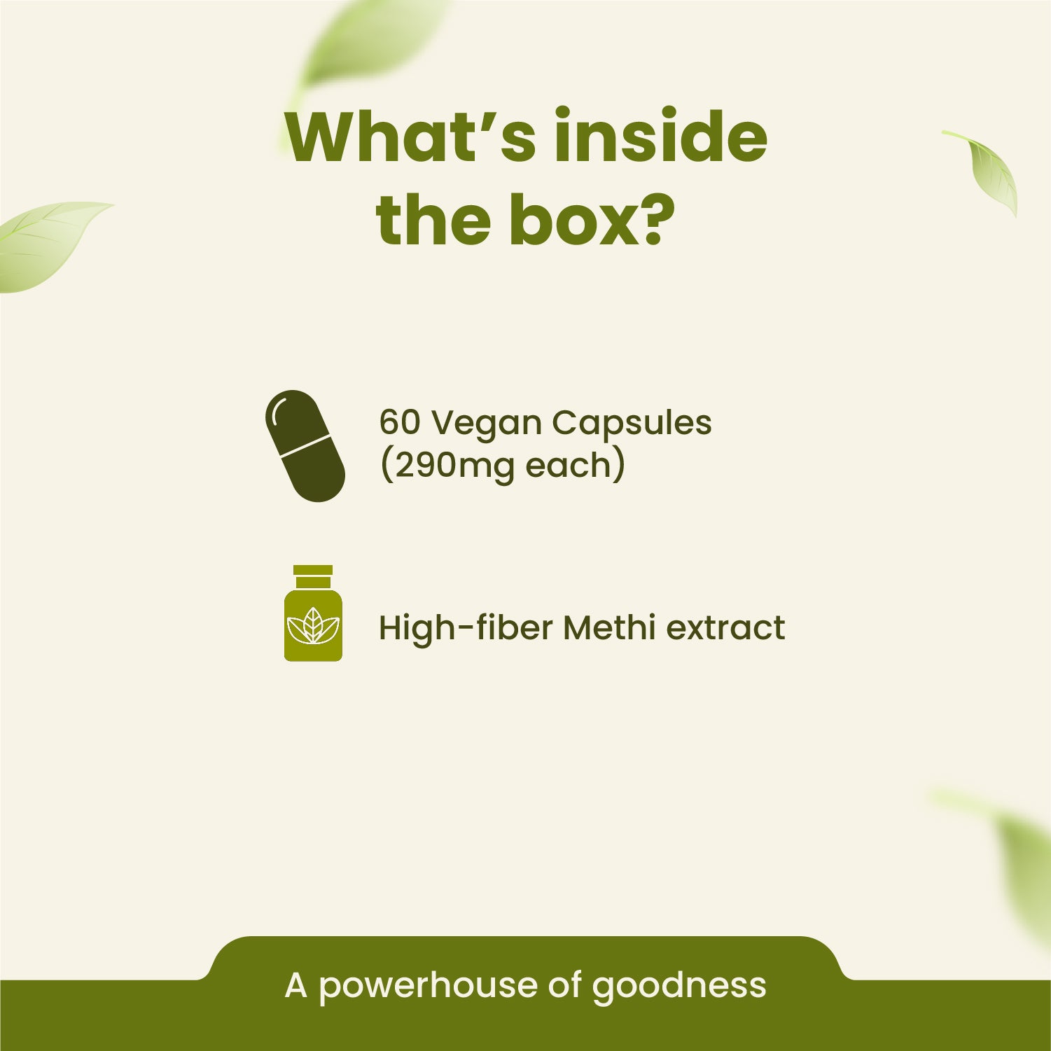 Product packaging with text about vegan capsules and high-fiber methi extract on a green background.