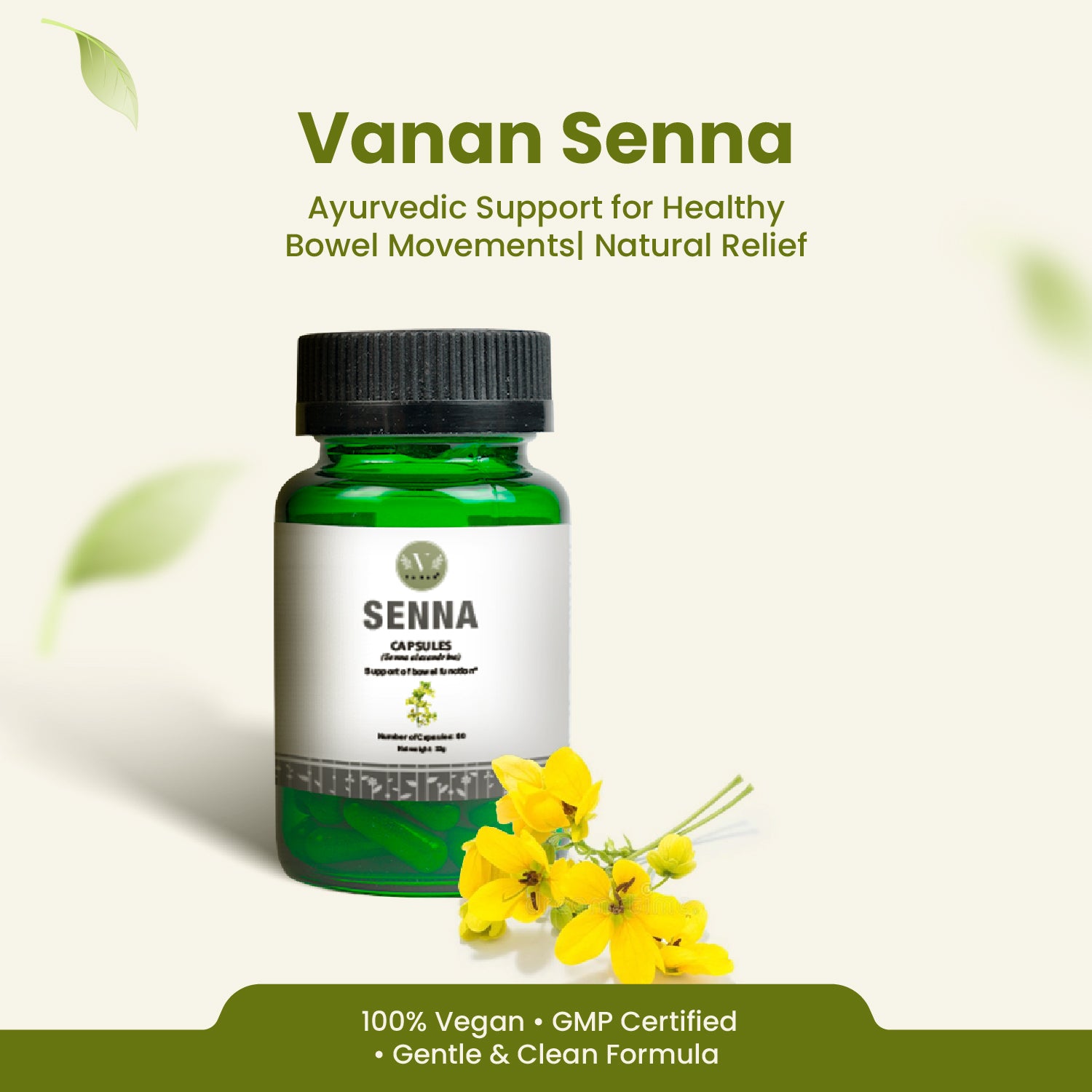 Vanan Senna bottle with yellow flowers on a light green background