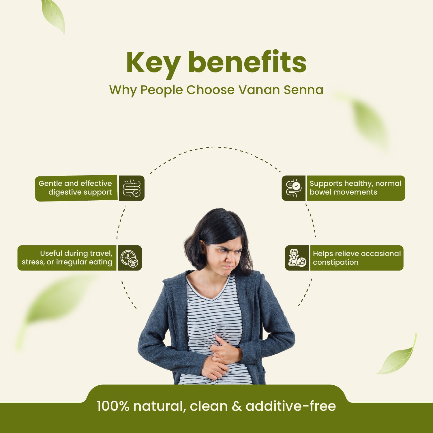Woman experiencing digestive issues with text highlighting key benefits of Vanan Senna on a light green background.
