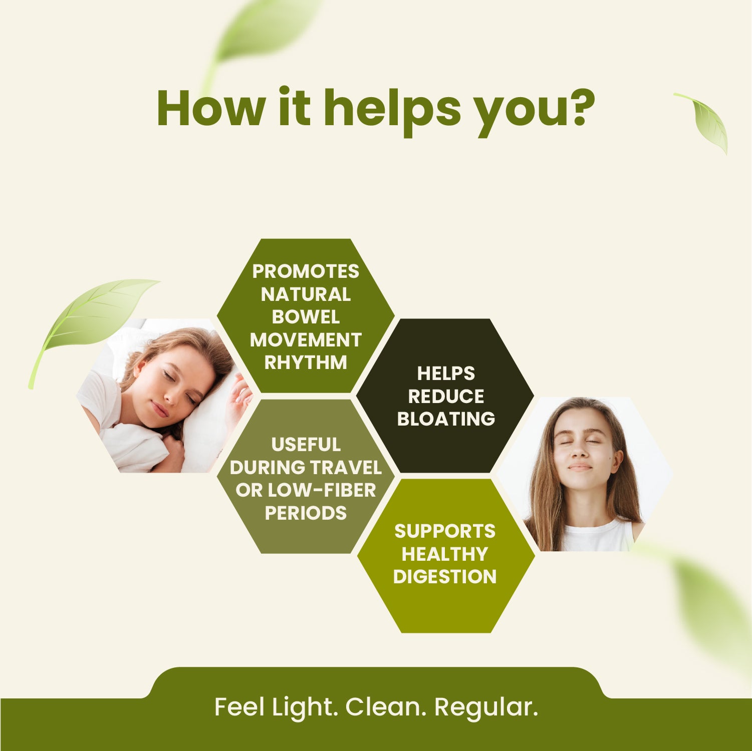 Product advertisement with text on benefits and images of people, set against a green background.