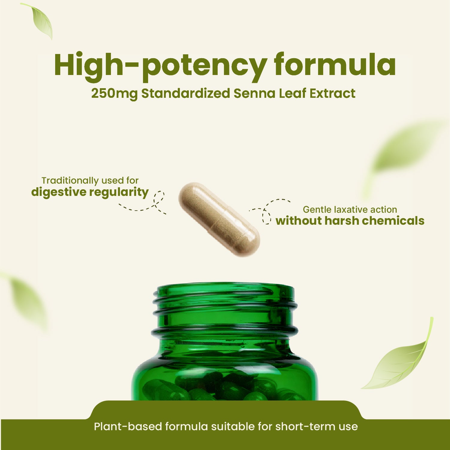 Green bottle of Senna Leaf Extract with a capsule on a light green background