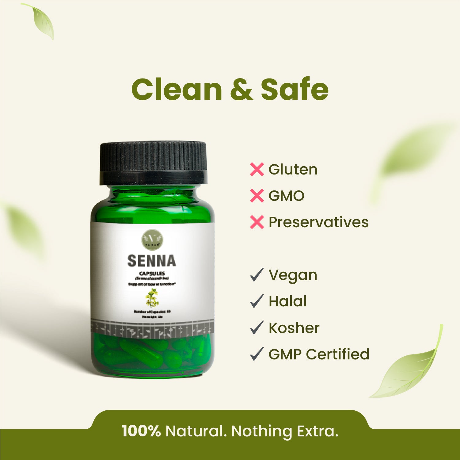 Green bottle of Senna capsules with certification labels on a light green background