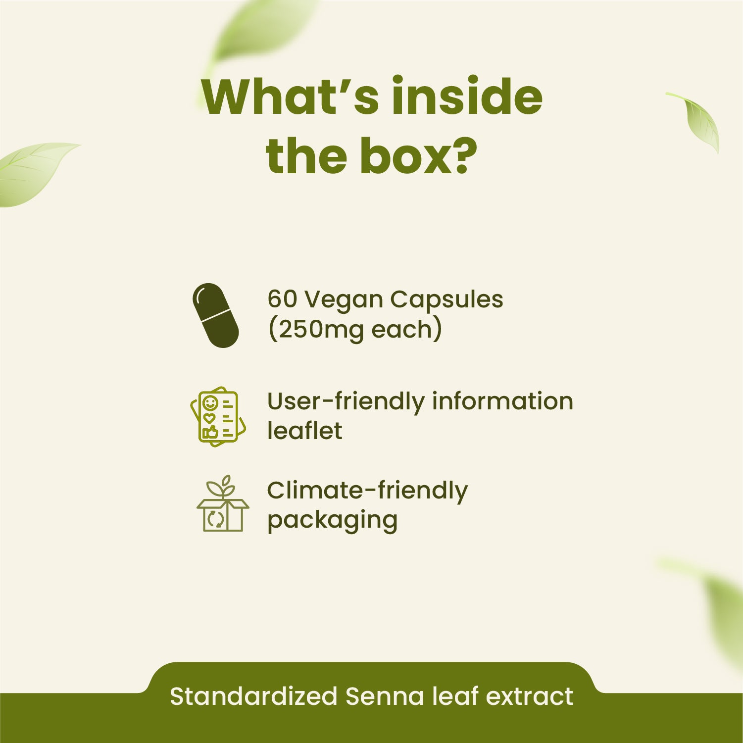 Product packaging with text detailing contents and features on a green background