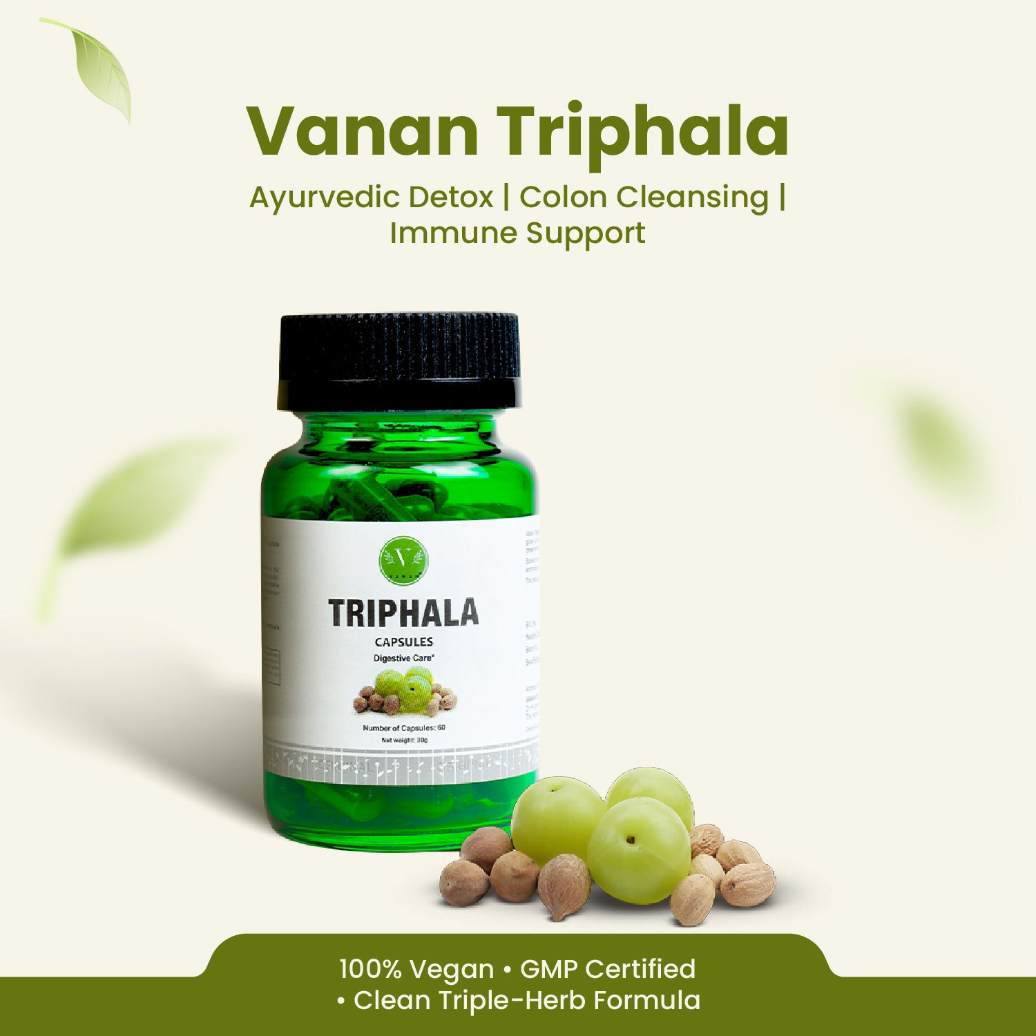 Green bottle of Vanan Triphala capsules with ingredients on a light green background