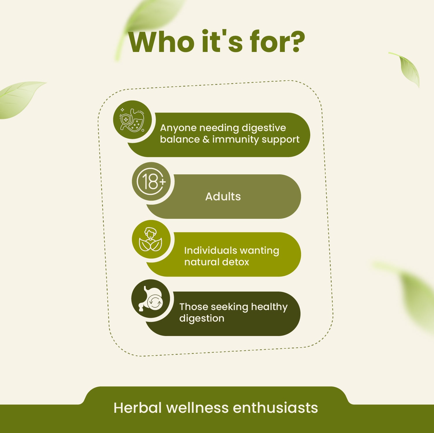Text detailing the target audience for a product or service related to digestive health and immunity support on a green background.