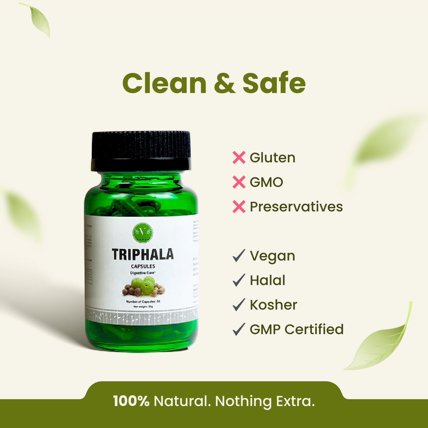 Green bottle of Triphala capsules with certification labels on a light green background