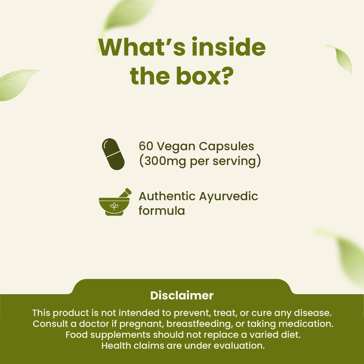 Product information card with vegan capsules and disclaimer on a green background