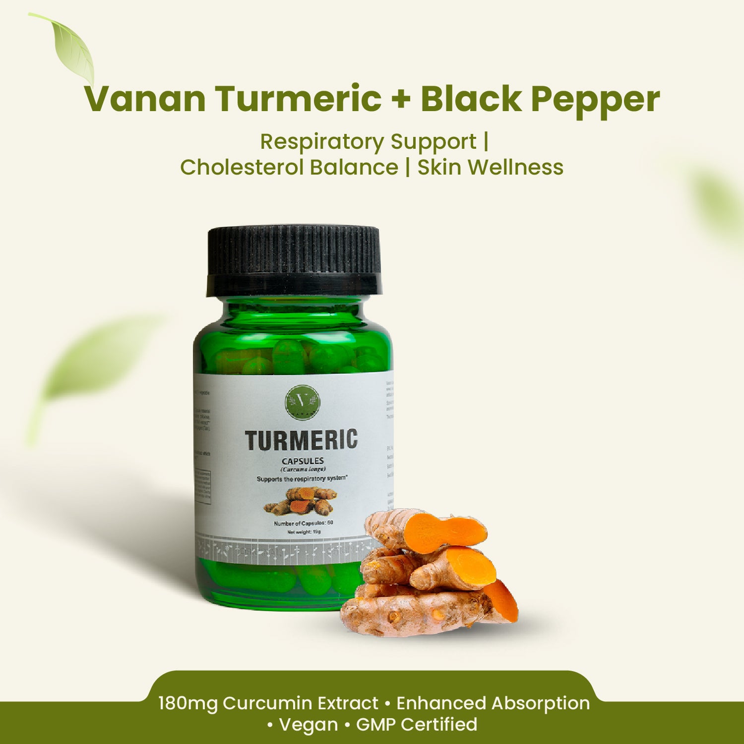 Turmeric supplement bottle with label on a light green background