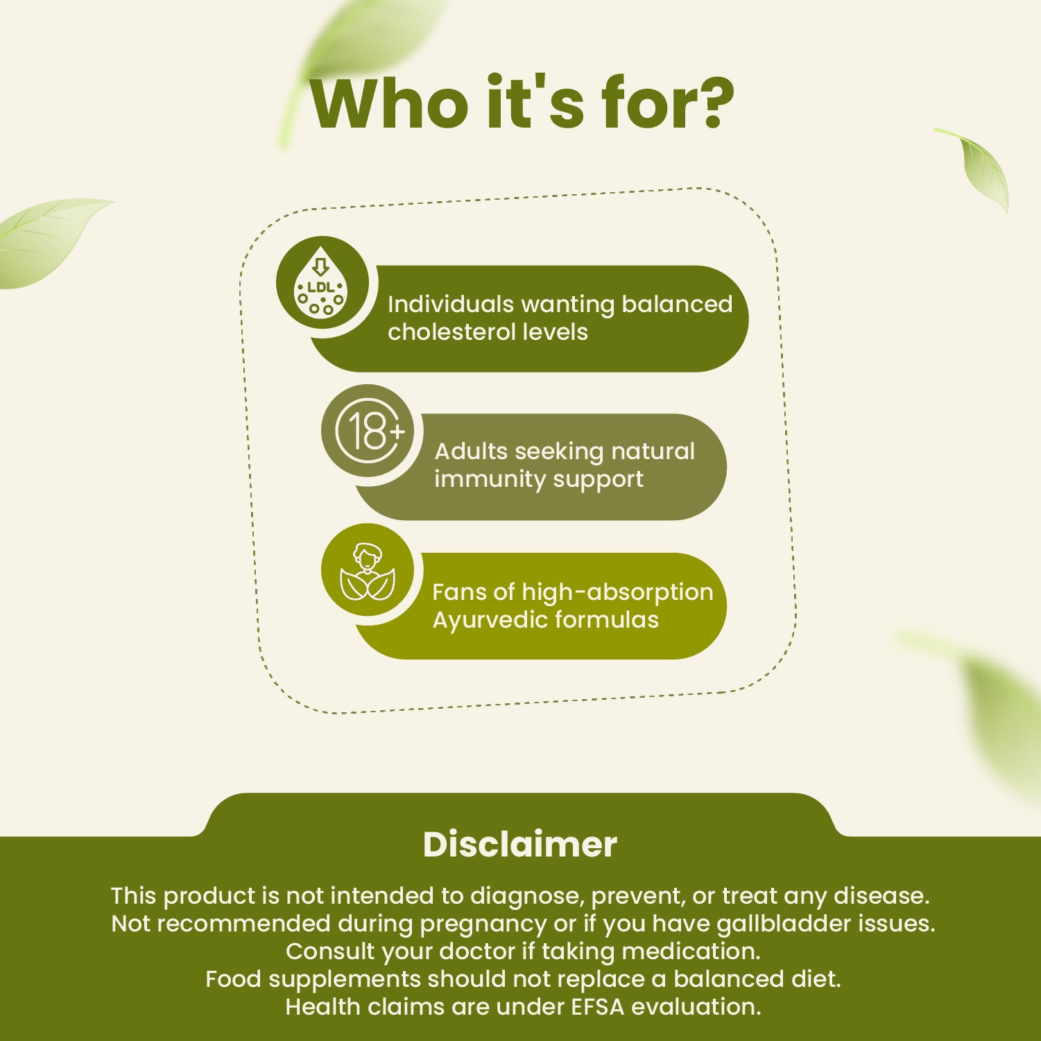 Product information card for health supplement with target audience and disclaimer on a green background.