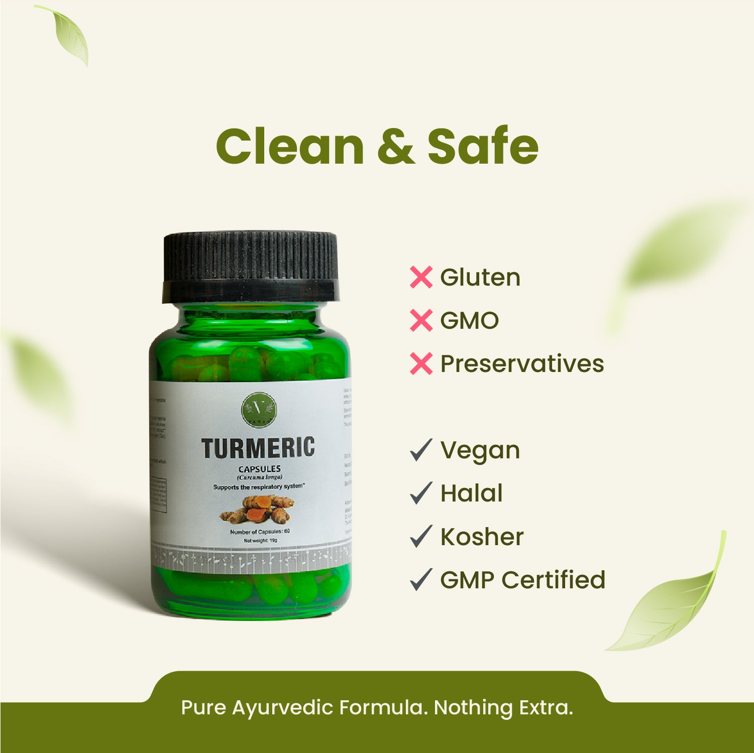 Turmeric capsules bottle with green label on a white background, featuring certification icons.