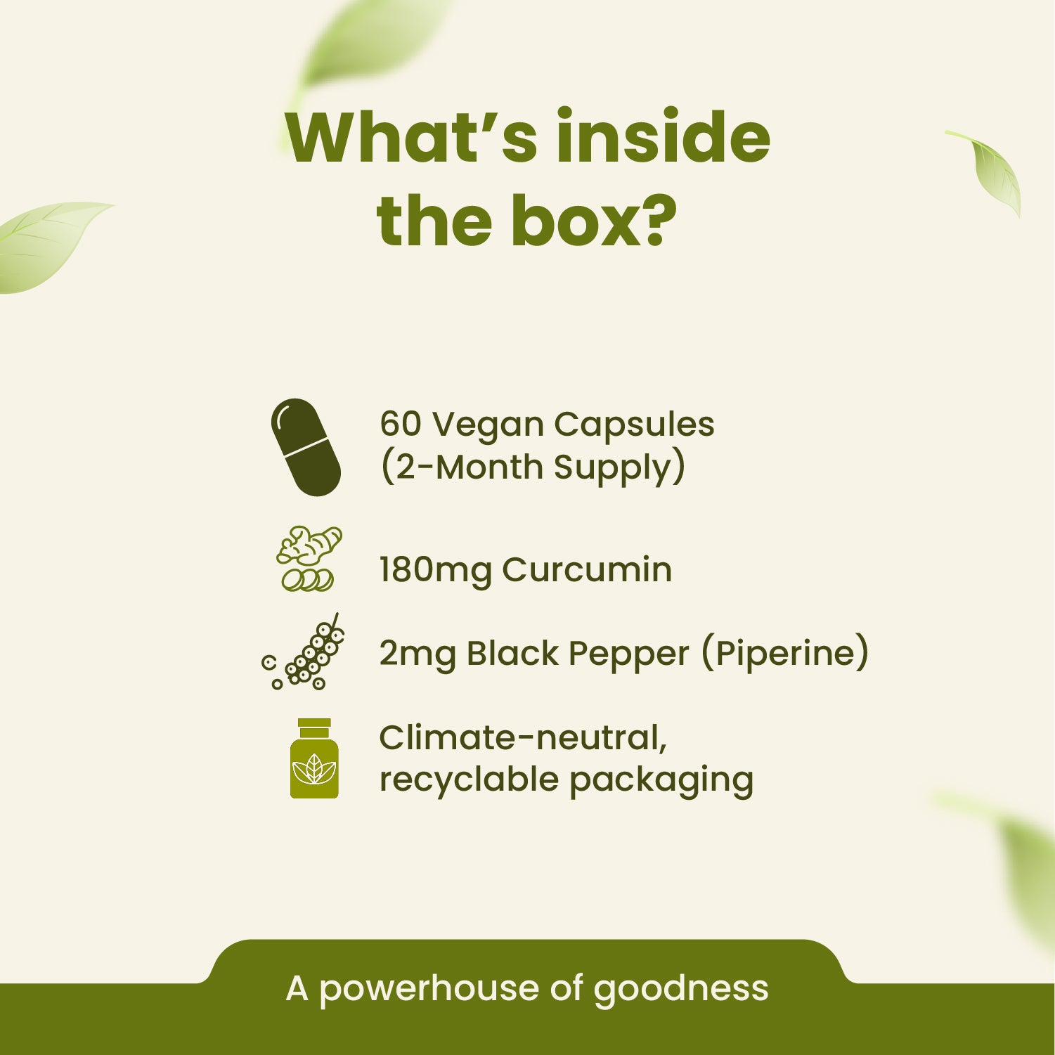 Product packaging with details of contents and features on a green background